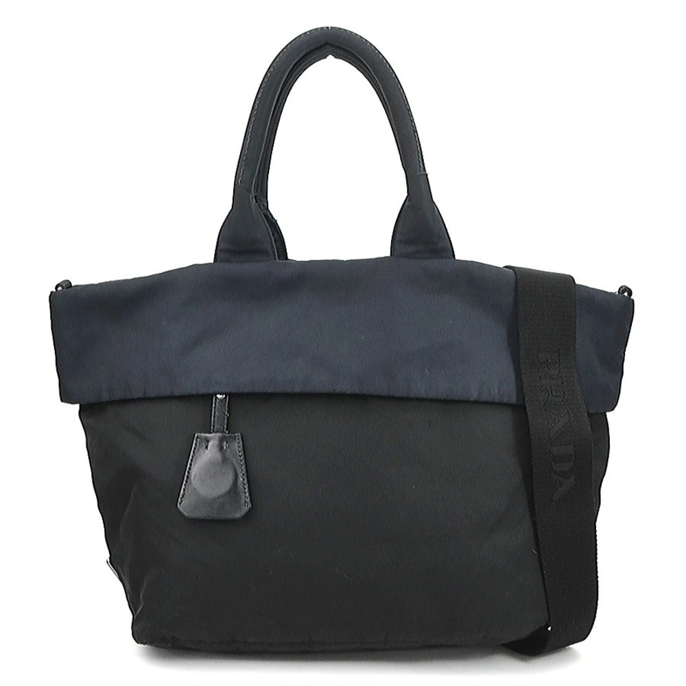 Prada Tessuto leather tote bag black navy blue double top handles
